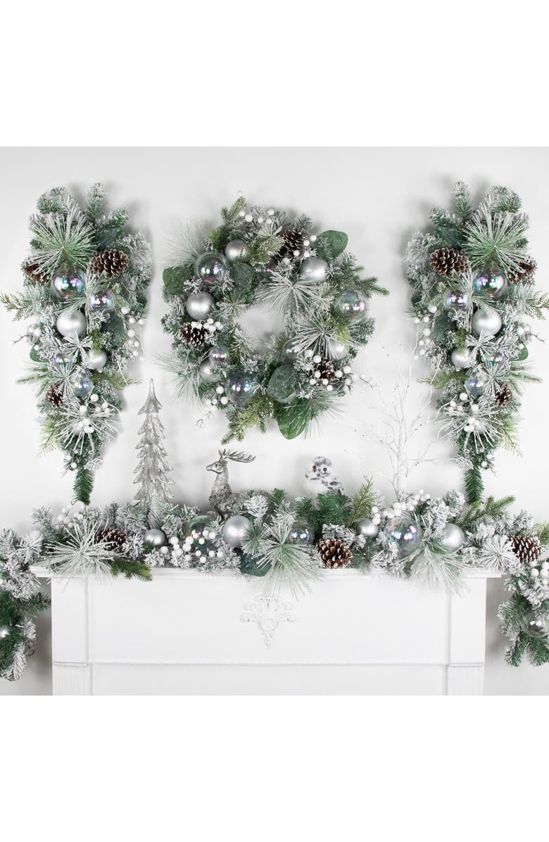 Northlight 6' Flocked Pine Artificial Christmas Garland with Iridescent Ornaments, Unlit, Alternate, color, White