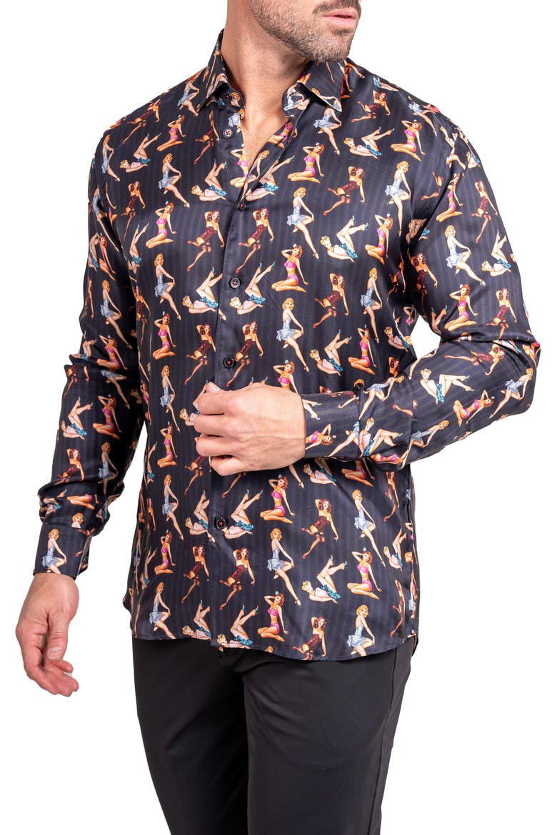 Fibonacci Ascension 0221 Pin-Up Print Contemporary Fit Button-Up Shirt, Alternate, color, BLACK