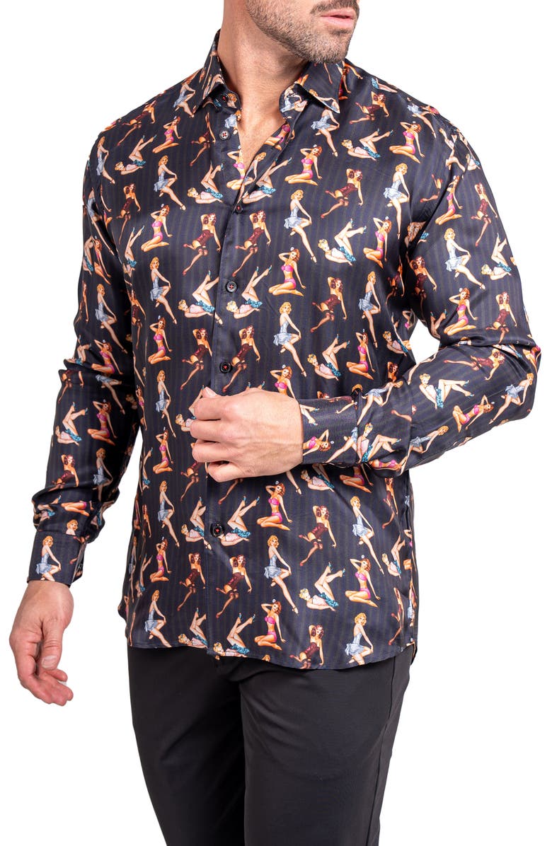 Maceoo Fibonacci Ascension 0221 Pin-Up Print Contemporary Fit Button-Up Shirt, Alternate, color, Black