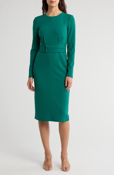 Long Sleeve Crepe Midi Sheath Dress