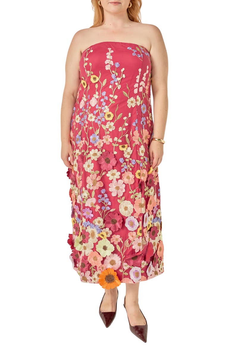 Floral Embroidered Strapless Maxi Dress, Main, color, MULBERRY