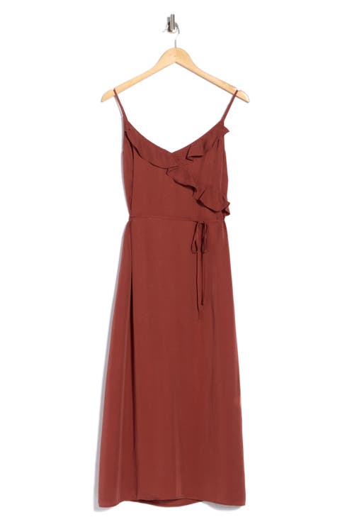 Ruflfe Faux Wrap Removable Tie Belt Midi Dress