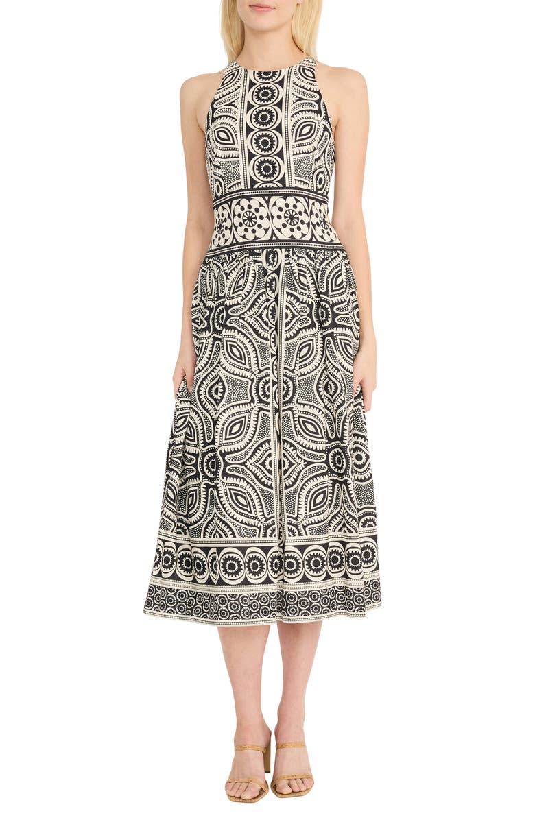 Donna Morgan Halter Neck Linen Blend Midi Dress, Main, color, Black/ Cream