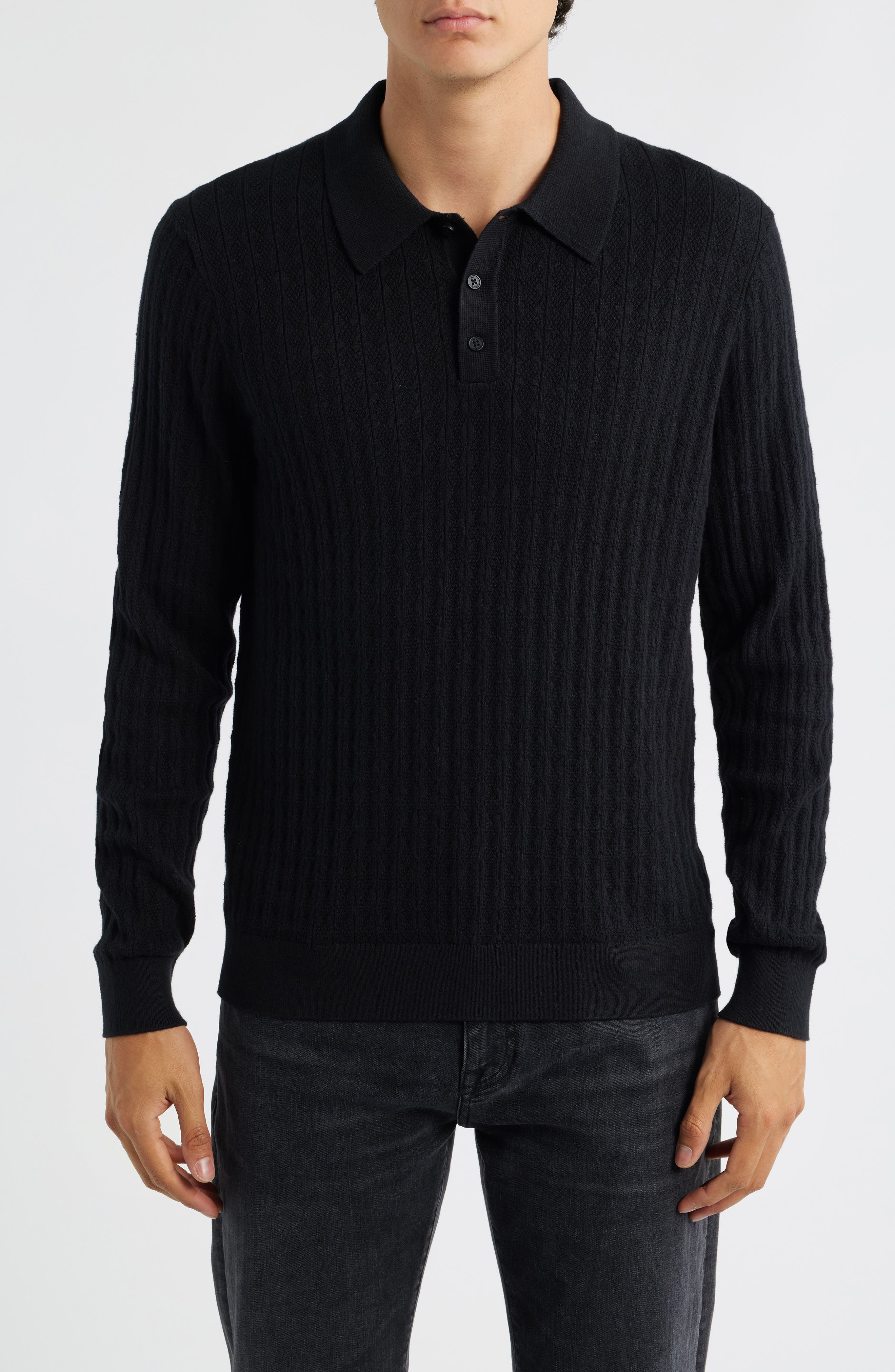 Wax London Oban Black Diamond Stripe Cotton & Cashmere Polo Sweater