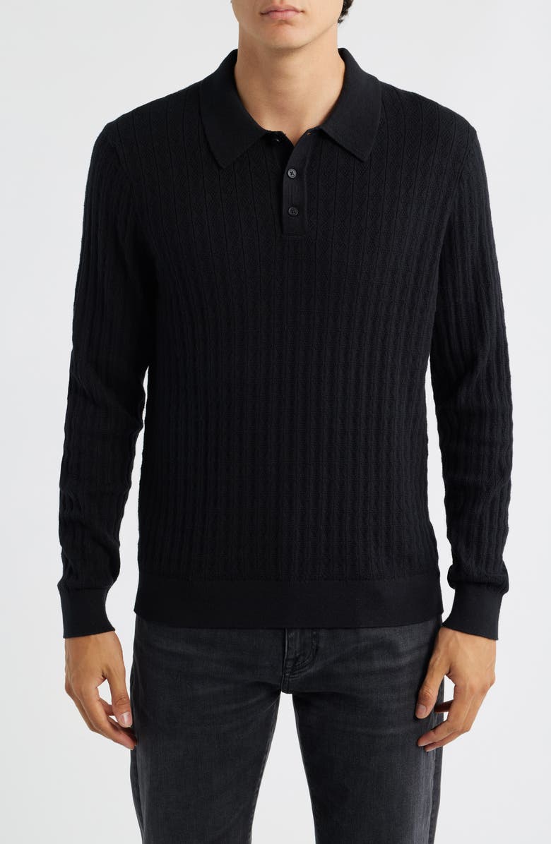 Wax London Oban Black Diamond Stripe Cotton & Cashmere Polo Sweater, Main, color, Black
