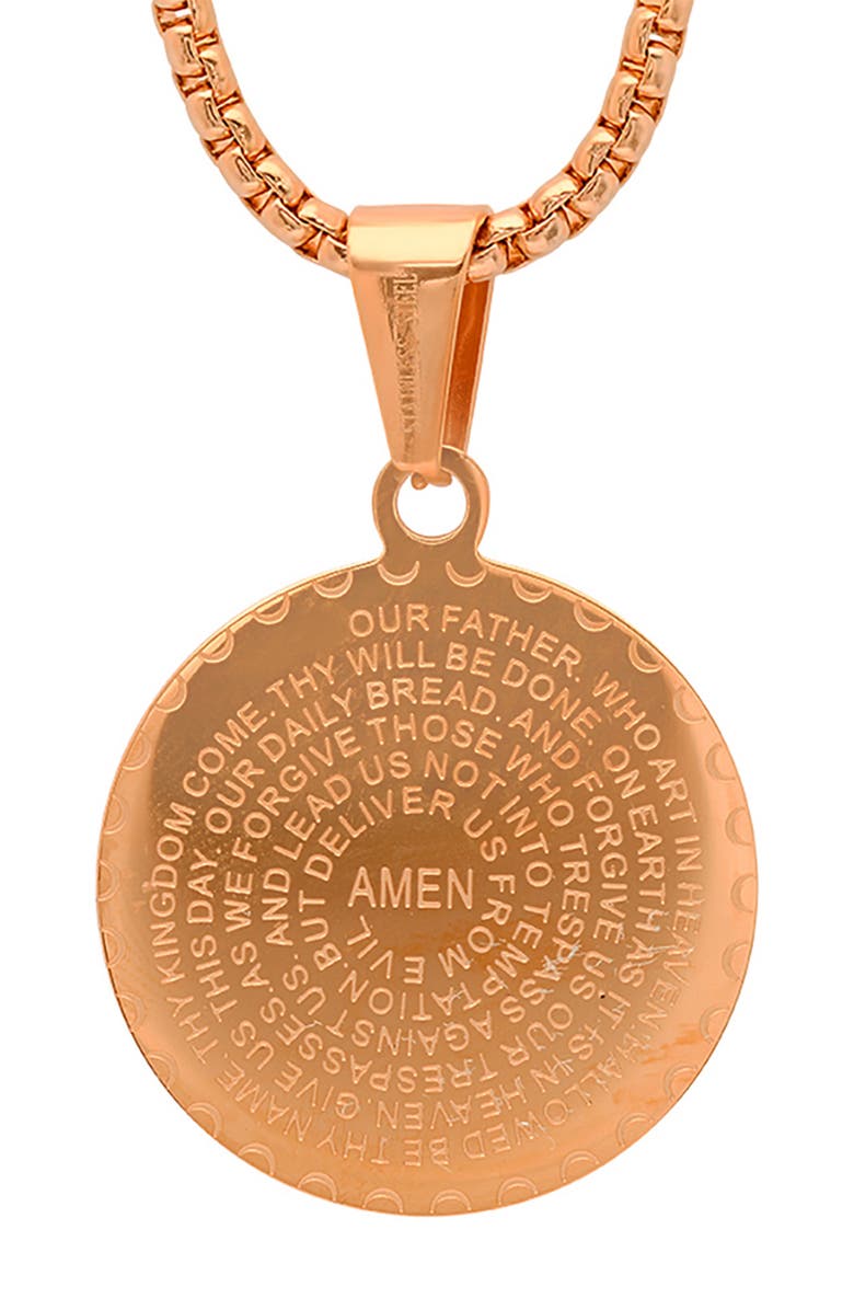 HMY JEWELRY 18K Rose Gold Plaed Stainless Steel Lord's Prayer CZ Pendant Necklace, Alternate, color, Rose