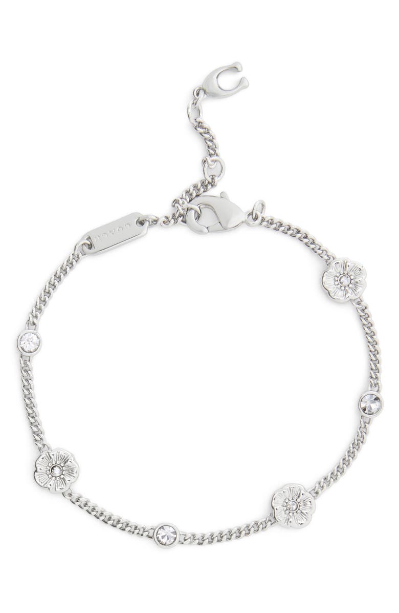 COACH Tea Rose & Crystal Station Bracelet, Alternate, color, Rhodium