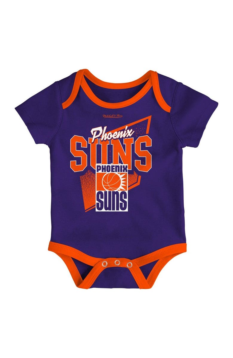 Mitchell & Ness Infant Mitchell & Ness Blue/Orange Phoenix Suns Hardwood Classics Bodysuits & Cuffed Knit Hat Set, Alternate, color, Purple