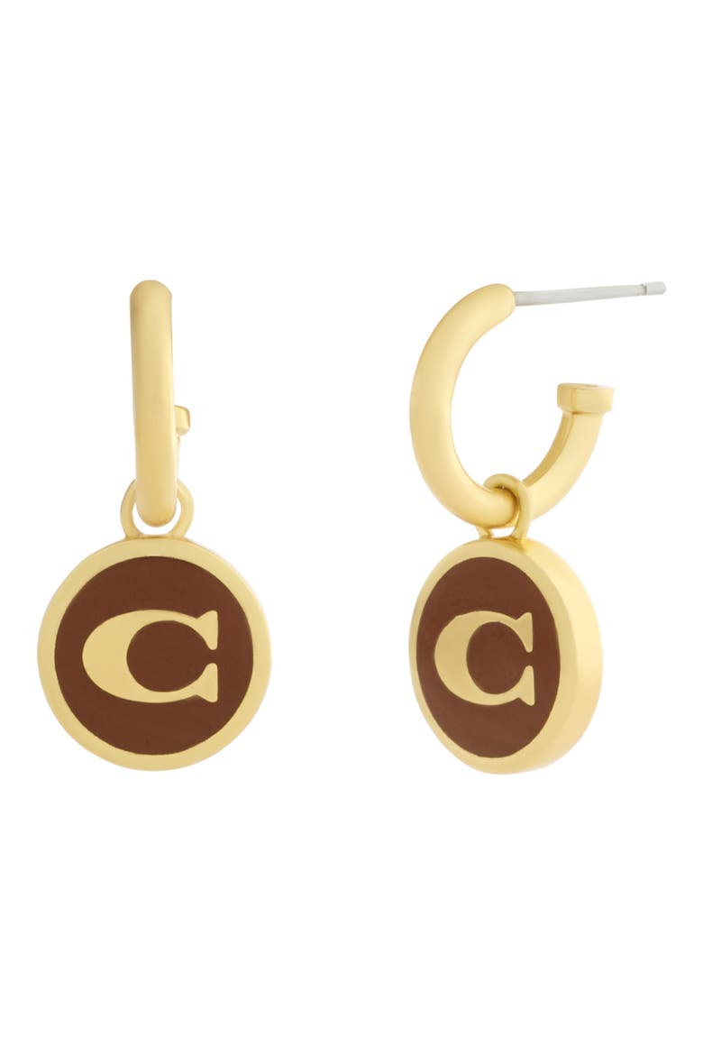 Enamel C Huggie Drop Earrings, Main, color, BROWN