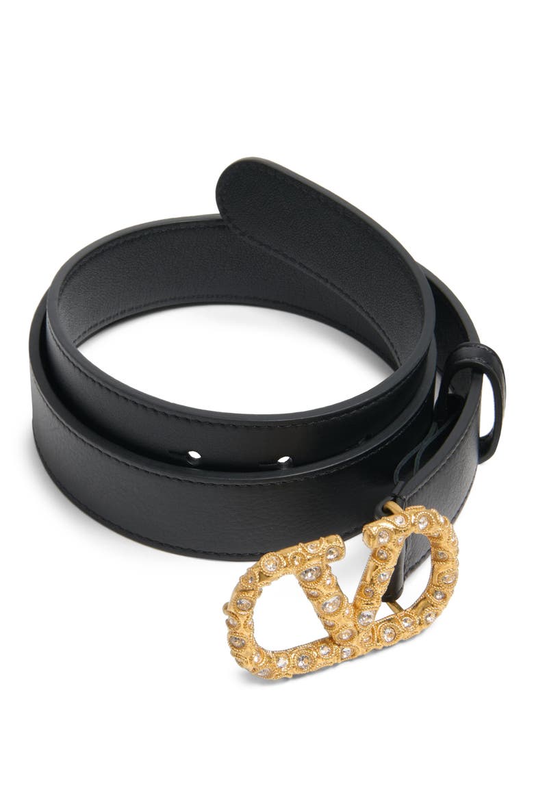 Crystal Embellished VLOGO Leather Belt, Alternate, color, BLACK/ CRYSTAL