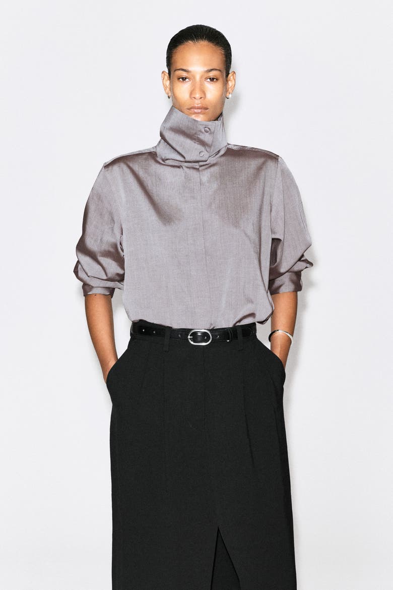 Mock-Neck Lyocell-Cotton Shirt, Main, color, MAUVE