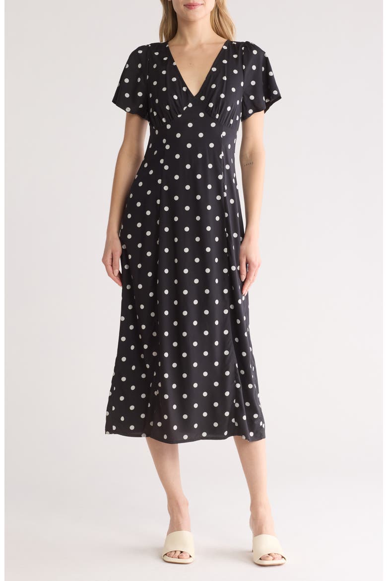 Polka Dot Flutter Sleeve Dress, Main, color, TRUE BLACK