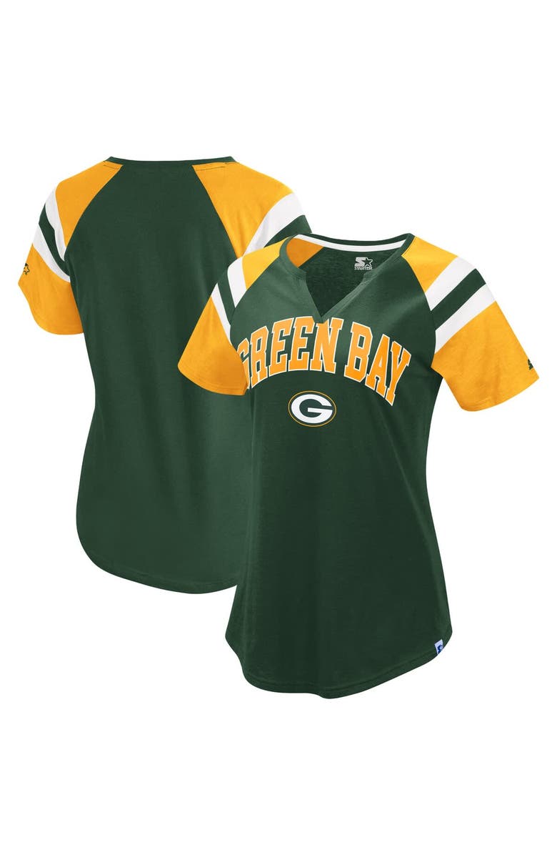 STARTER Women's Starter  Green Green Bay Packers Game On Notch Neck Raglan T-Shirt, Main, color, 