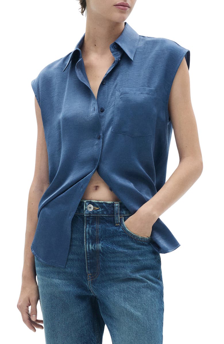 MANGO Hammered Satin Cap Sleeve Button-Up Shirt, Main, color, 