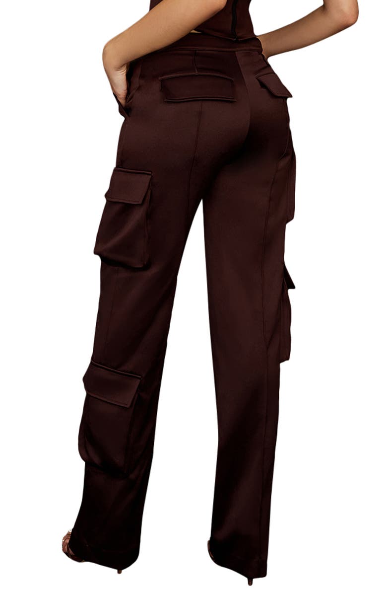 HOUSE OF CB Daria Satin Cargo Trousers, Alternate, color, Chocolate