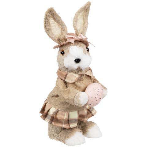Girl Easter Rabbit Figurine With Plaid Dress - 12" - Beige