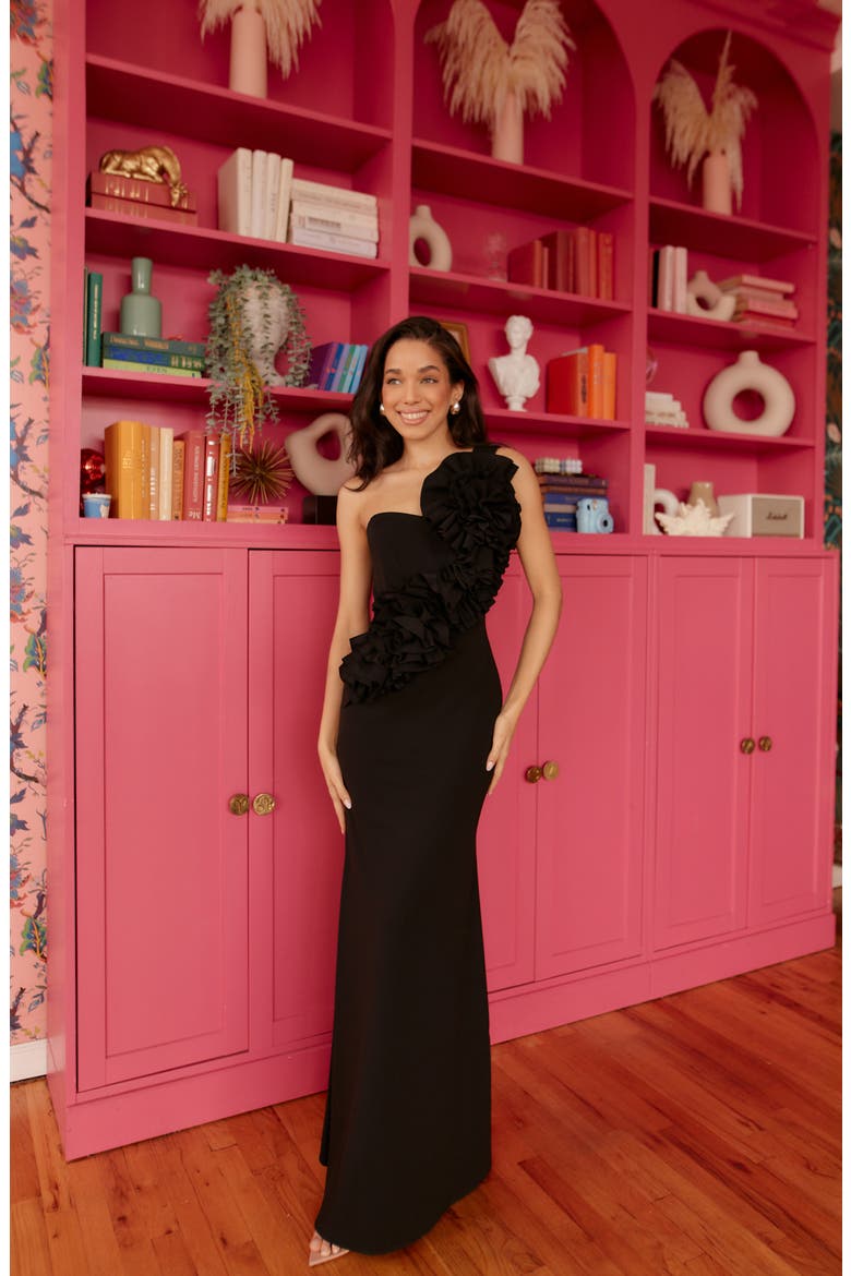 Rosette One-Shoulder Trumpet Gown, Alternate, color, BLACK