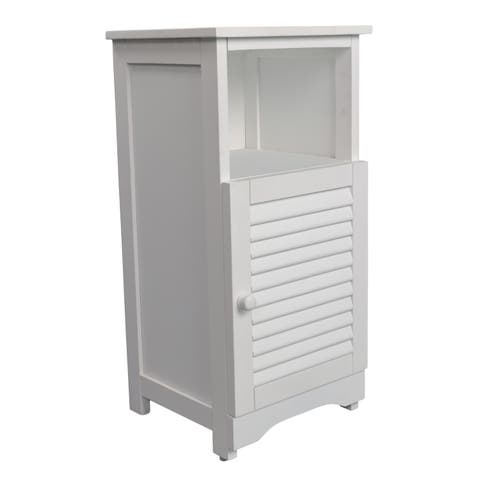 Serene Handcrafted Acacia Wood Bathroom Freestanding Floor Storage Cabinet with Louvered Door and Open Shelf
