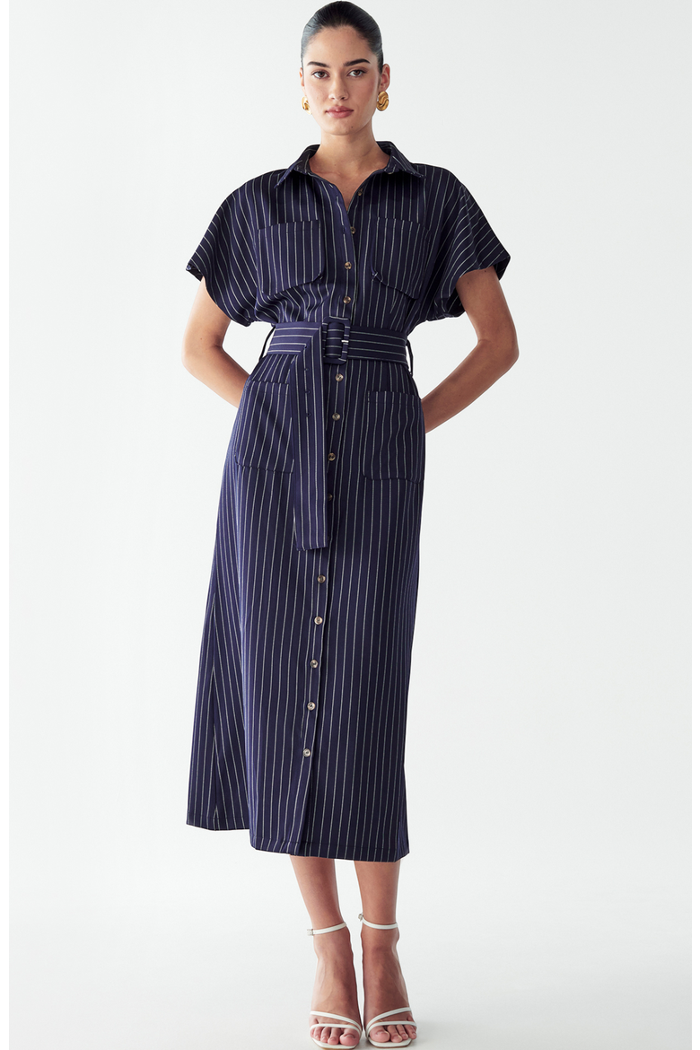 Wichita Midi Dress, Alternate, color, Navy Pinstripe