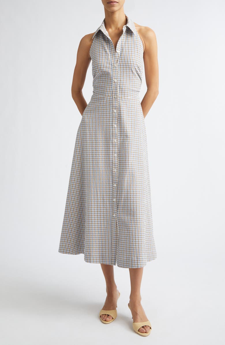Veronica Beard Mackey Gingham Stretch Cotton Halter Shirtdress, Main, color, Acorn Multi