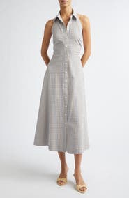 Veronica Beard Mackey Gingham Stretch Cotton Halter Shirtdress