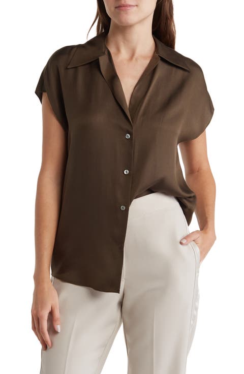 Shaped Collar Cap Sleeve Blouse