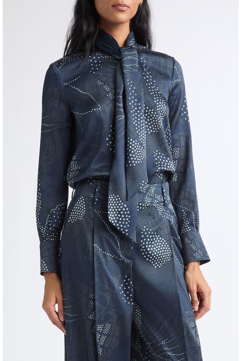Dotted Floral Creponne Tie Neck Top, Main, color, SOLID BLUE NAVY
