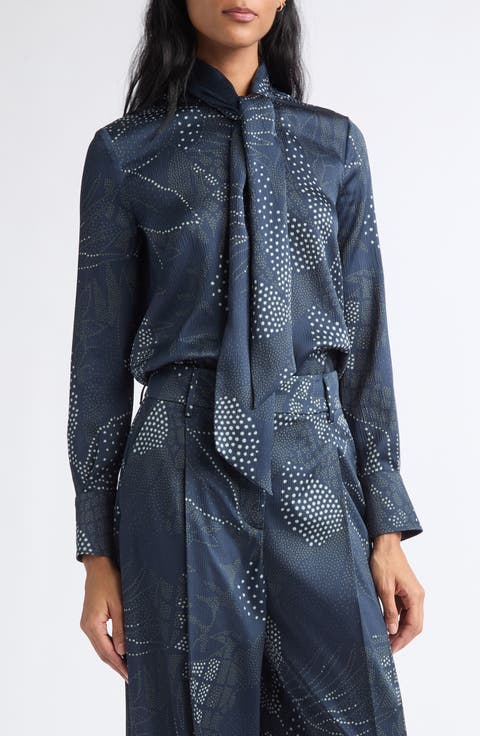 Dotted Floral Creponne Tie Neck Top
