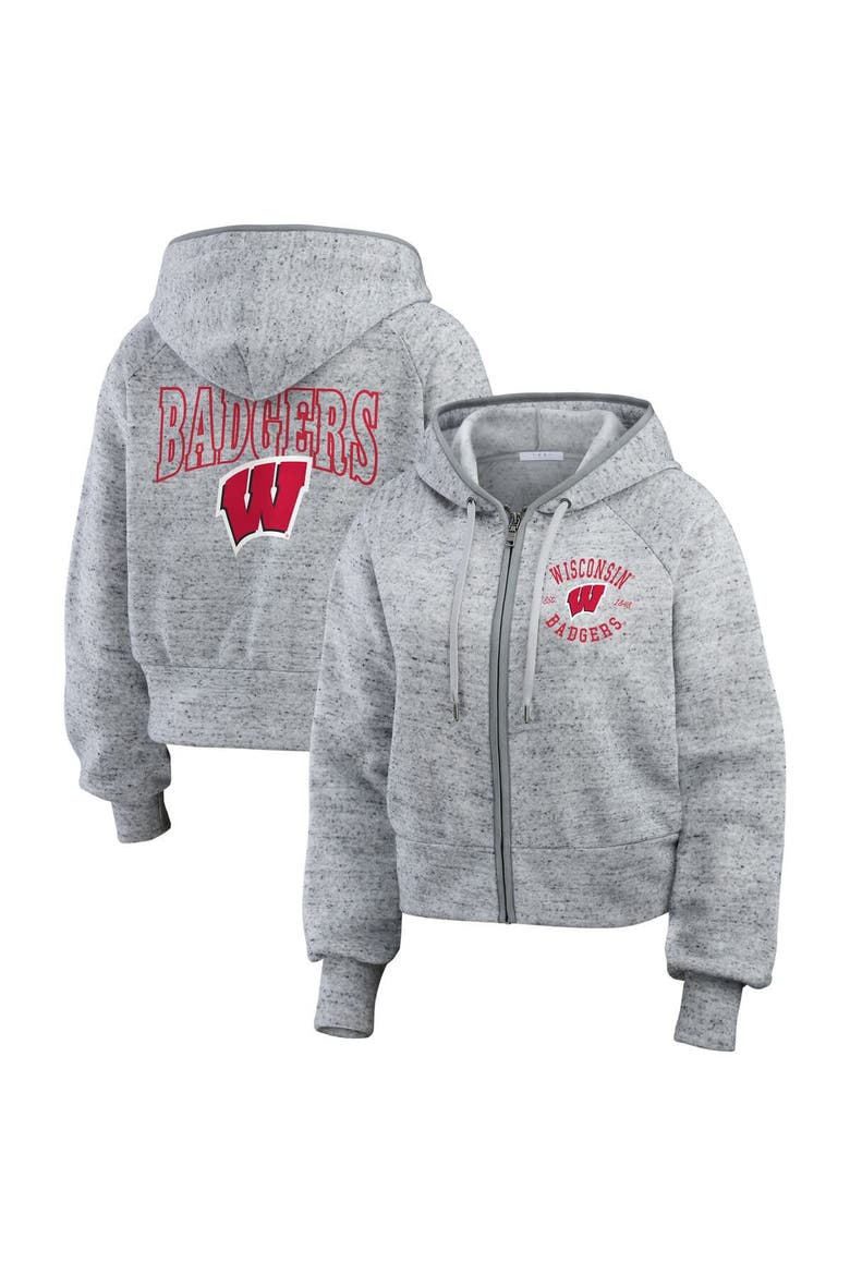 Women's WEAR by Erin Andrews Heather Gray Wisconsin Badgers Wear Speckle Double-Hit Raglan Full-Zip Hoodie, Main, color, Heather Gray