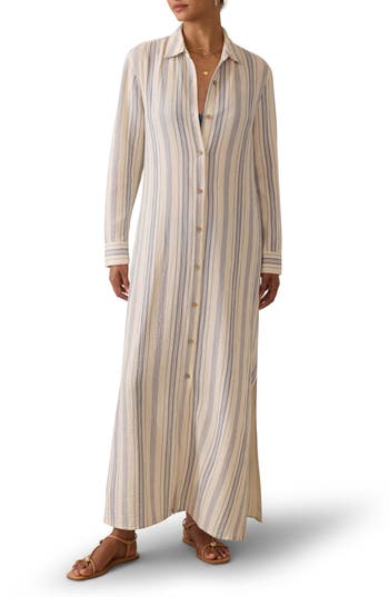 Faherty Dune Stripe Long Sleeve Organic Cotton Gauze Maxi Shirtdress In Blue