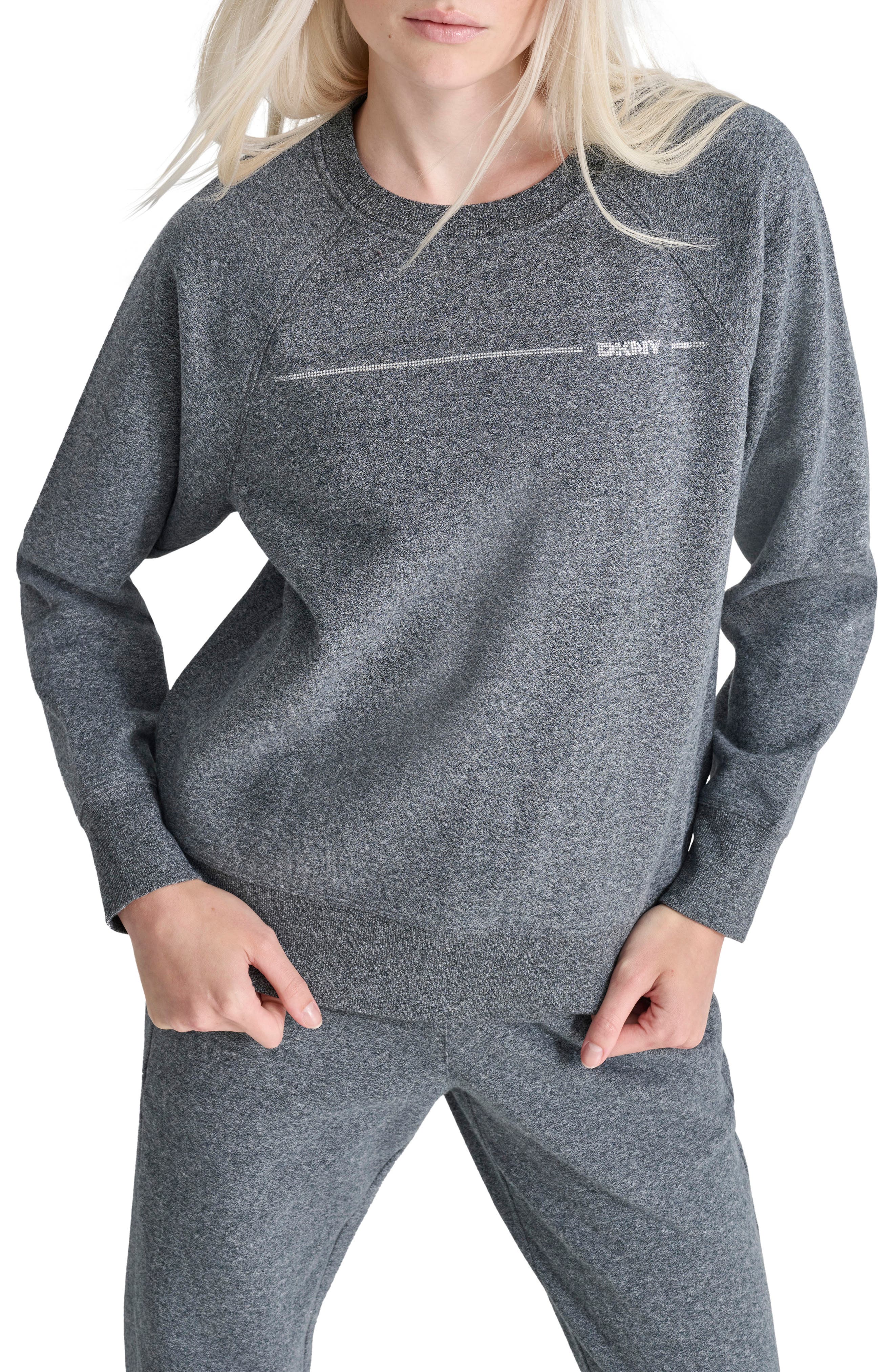 DKNY Rhinestone Logo Stripe Fleece Sweatshirt