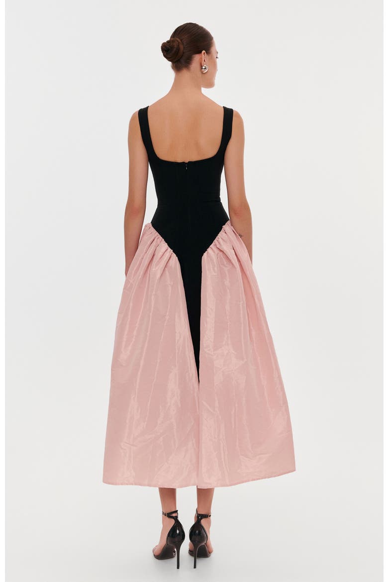 Corset Formal Occasion Midi Dress with Glossy Skirt in Black & Pink, Alternate, color, Black&Pink