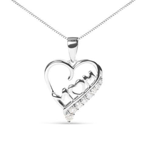 Silver 1/4 Cttw Diamond "Mom" and Open Heart 18" Pendant Necklace