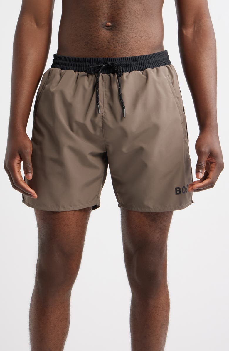BOSS Starfish Volley Swim Trunks, Main, color, Medium Brown