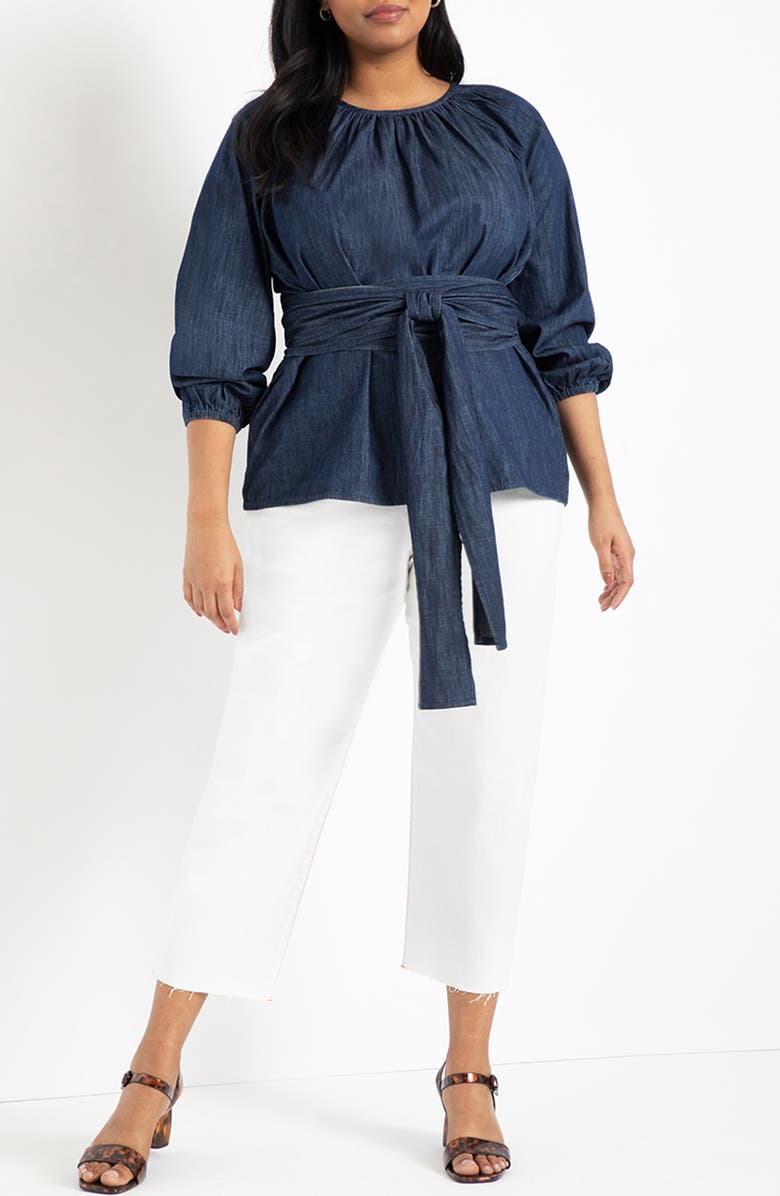 ELOQUII Chambray Tie Waist Top, Alternate, color, 
