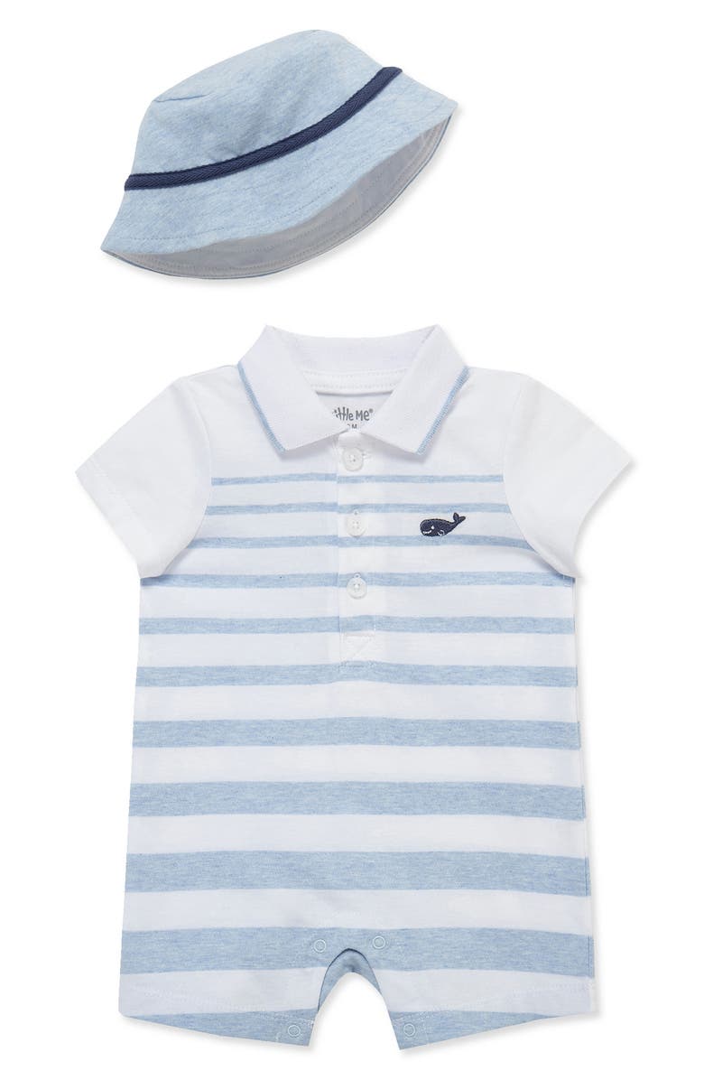 Little Me Stripe Romper & Hat, Main, color, Blue