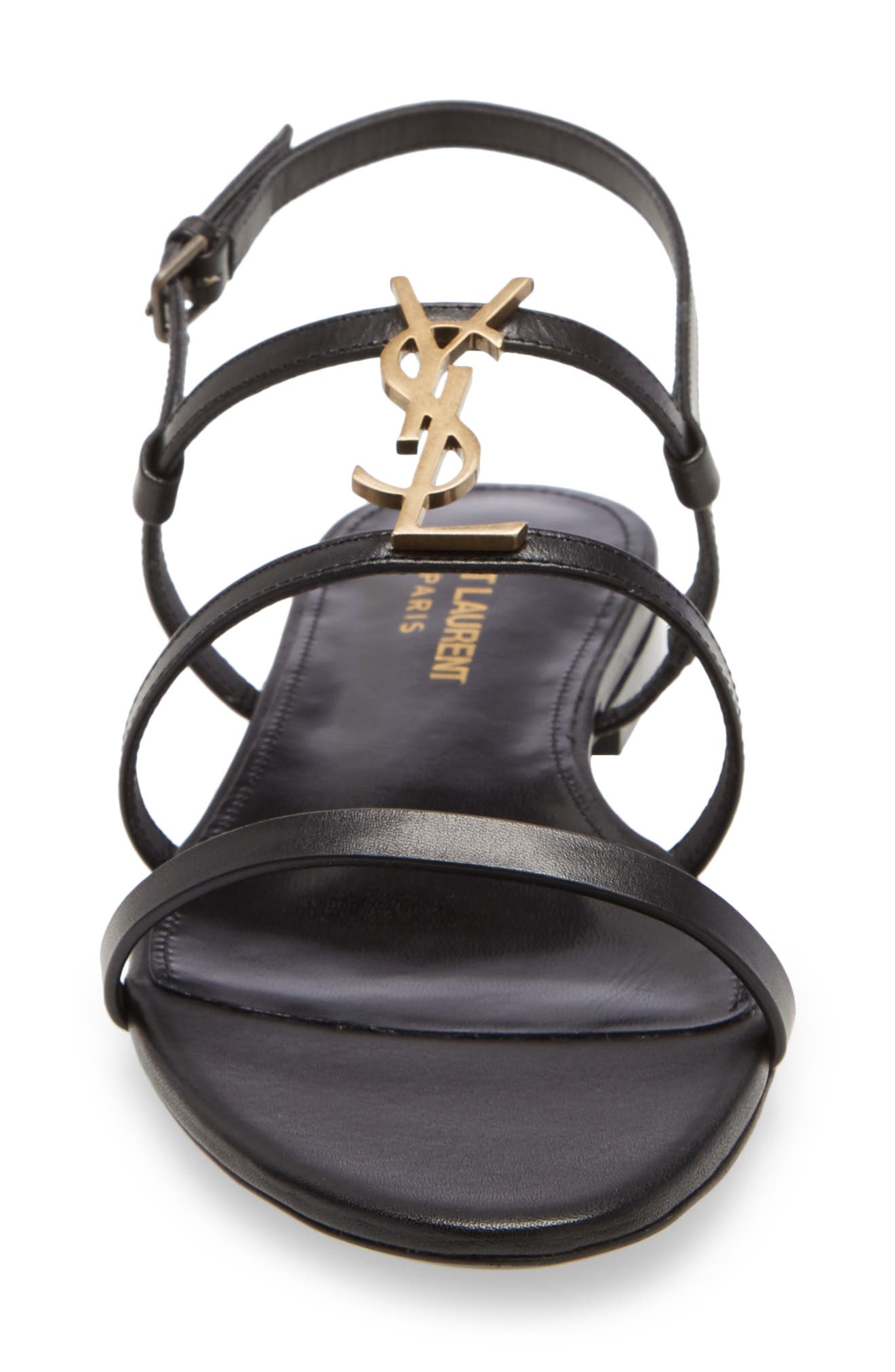 Cassandra YSL Logo Strappy Sandal, Alternate, color, BLACK