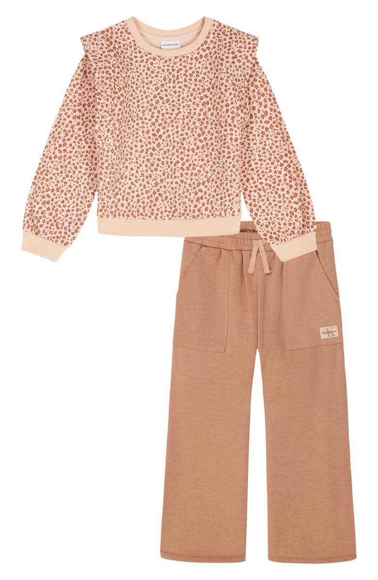 Calvin Klein French Terry Leopard Print Pullover & Wide Leg Pants Set, Main, color, Cameo Rose