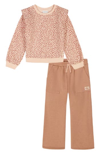 Calvin Klein French Terry Leopard Print Pullover & Wide Leg Pants Set In Brown