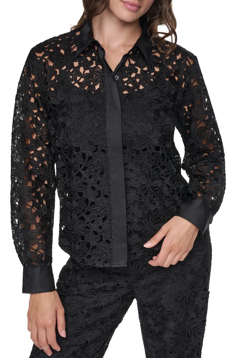 Floral Lace Button Down Shirt, Main, color, BLACK