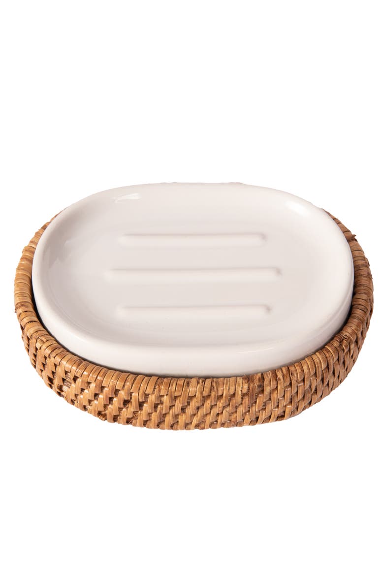 Artifacts Rattan Rattan Oval Soap Dish with Ceramic Insert, Main, color, Honey Brown