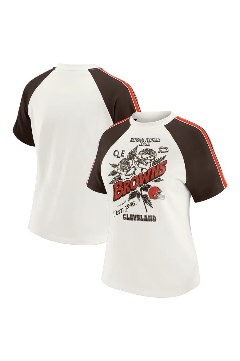 Women's WEAR by Erin Andrews White Cleveland Browns Sleeve Stripe Distressed Raglan T-Shirt, Main, color, White