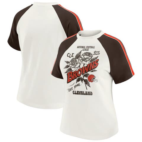 Women's WEAR by Erin Andrews White Cleveland Browns Sleeve Stripe Distressed Raglan T-Shirt