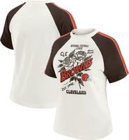 WEAR by Erin Andrews Women's WEAR by Erin Andrews White Cleveland Browns Sleeve Stripe Distressed Raglan T-Shirt