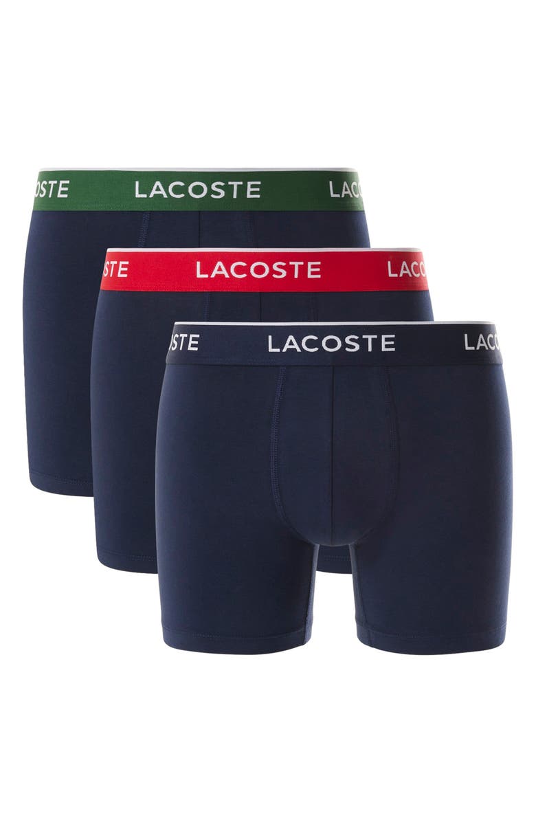 Lacoste Core Essentials Assorted 3-Pack Stretch Cotton Boxer Briefs, Alternate, color, Navy Blue/ Green-Red-Navy