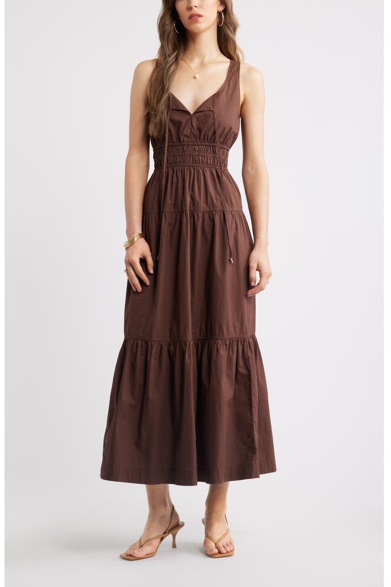 Cotton Poplin Tiered Maxi Sundress, Main, color, BROWN BITTER