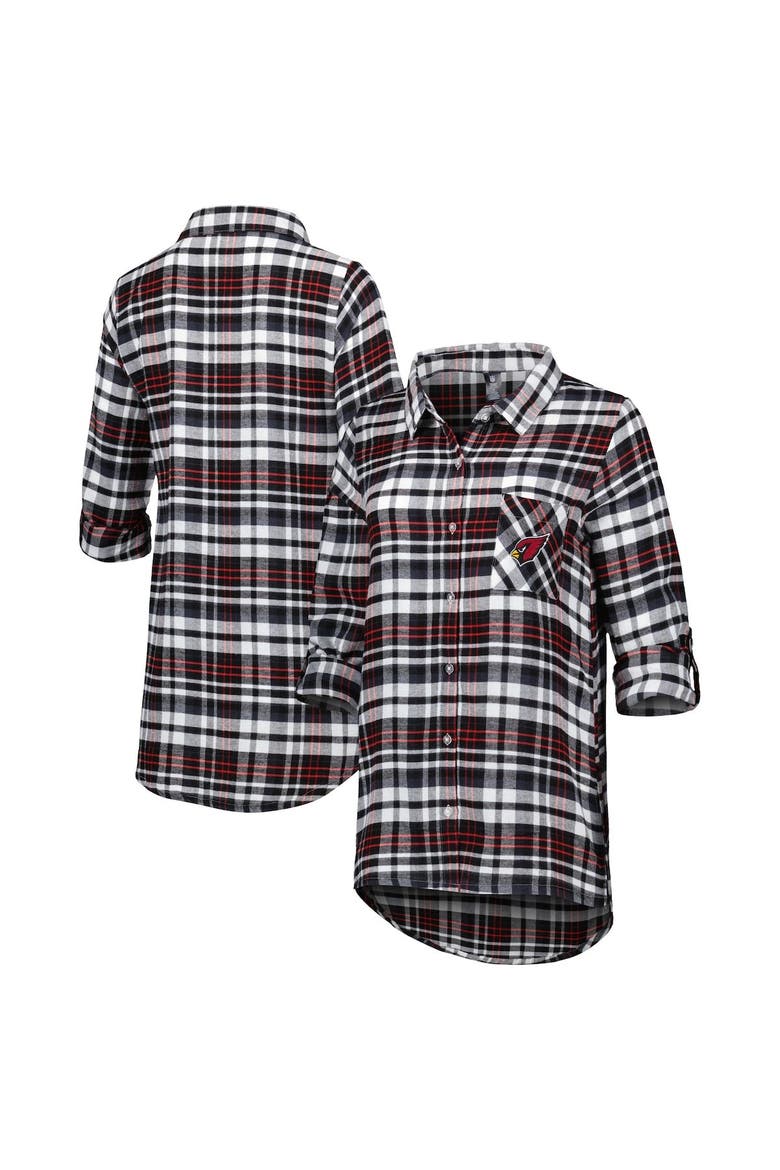 Women's Concepts Sport Black Arizona Cardinals Mainstay Plaid Full-Button Long Sleeve Nightshirt, Main, color, Black