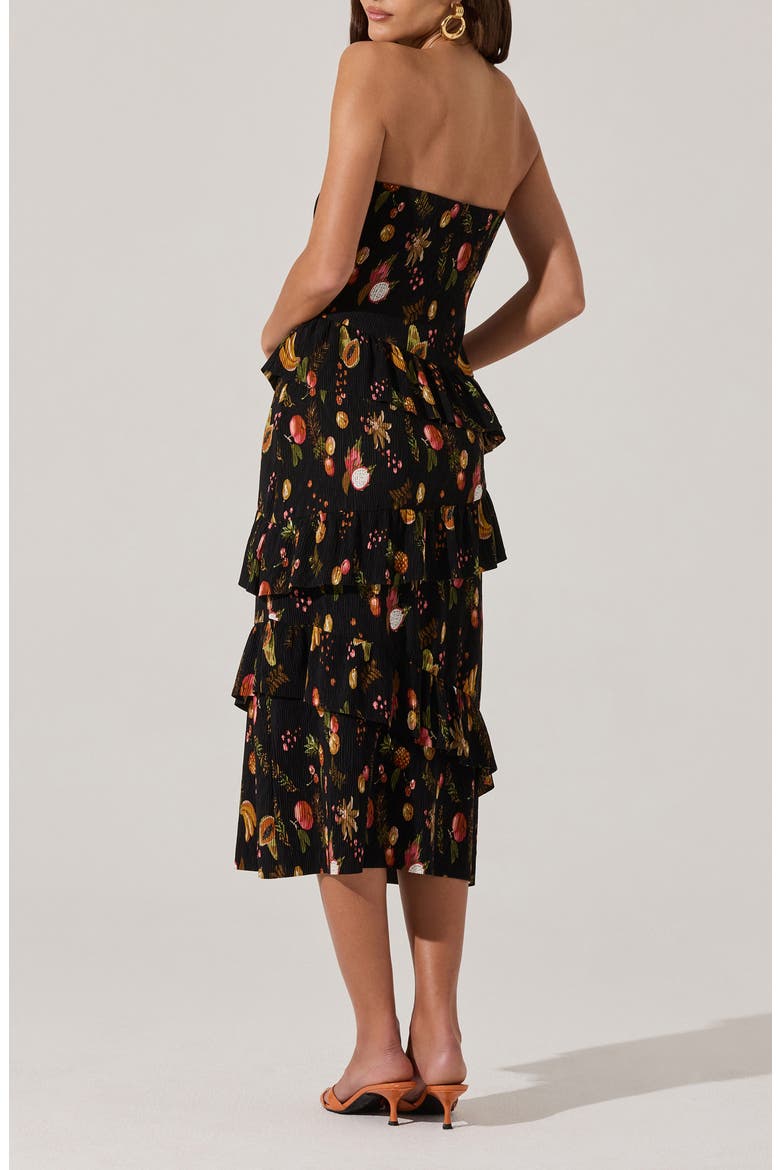 Plissé Asymmetric Tiered Ruffle Strapless Midi Dress, Alternate, color, BLACK FRUIT PRINT