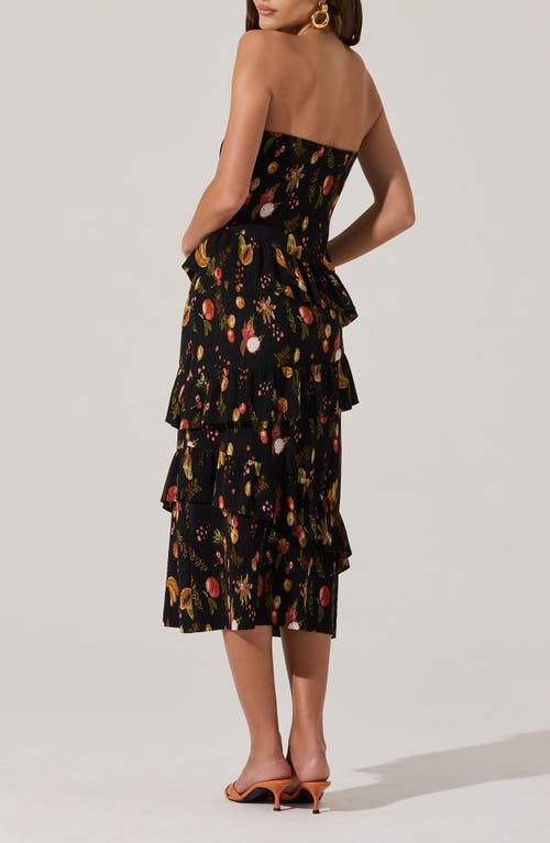 Astr The Label Plissé Asymmetric Tiered Ruffle Strapless Midi Dress In Black Fruit Print