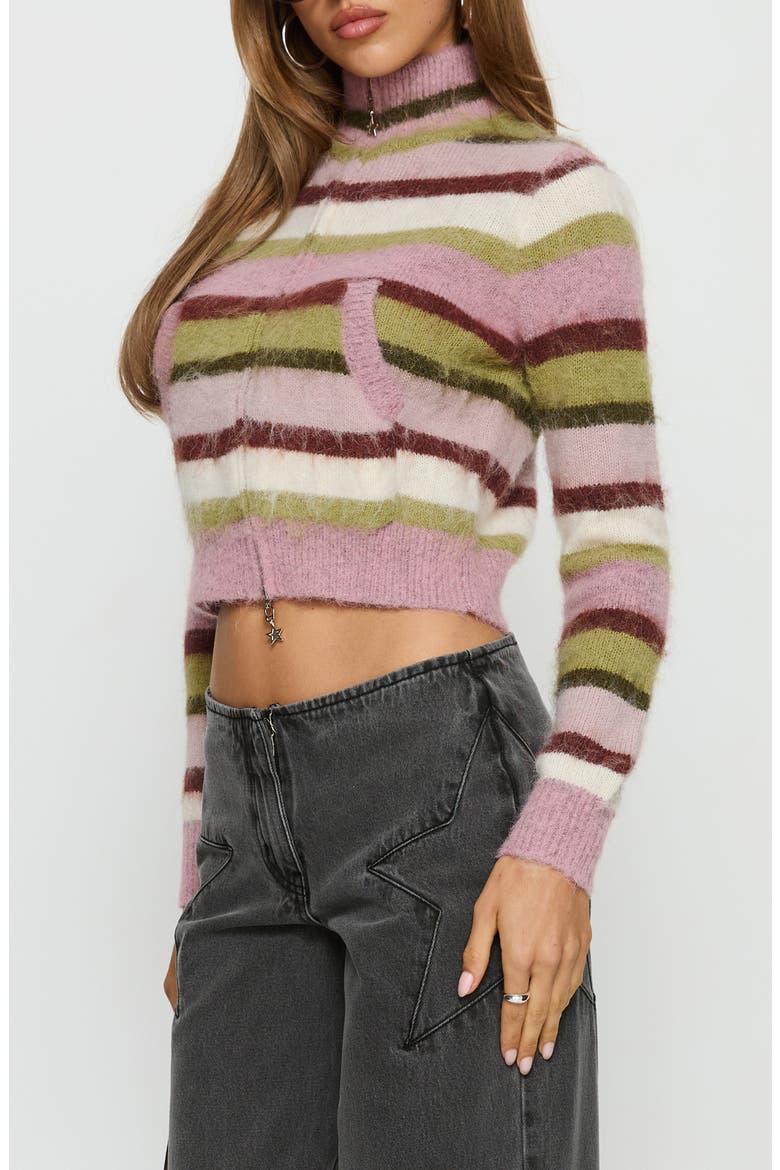 Keeve Mock Neck Front Zip Crop Sweater, Alternate, color, PINK / GREEN STRIPE